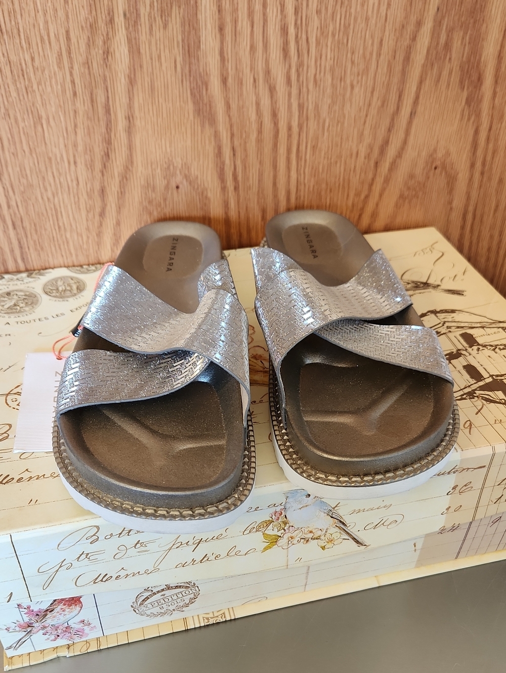 Women's Metallic Silver Cross-Strap Slide Sandals